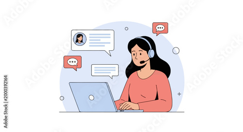 Flat vector illustration of a female call center agent wearing a headset with microphone, working on a laptop computer with digital chat bubbles representing online customer service.