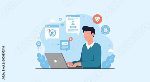 Flat vector illustration of a male patient using a laptop to access a digital health portal with floating UI icons for login, user profile, heart rate, and electronic medical records.