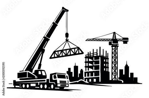 Construction site with large mobile crane lifting a truss over an unfinished building, with city skyline and tower crane in background