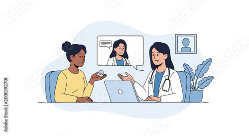 Flat vector illustration of a patient explaining symptoms to a female doctor in a clinic, featuring a telemedicine video call screen with a specialist for digital health consultation.
