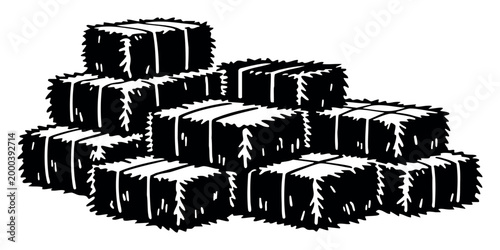 Illustration of hay bales stacked to represent agriculture and feed for livestock, depicted in black and white
