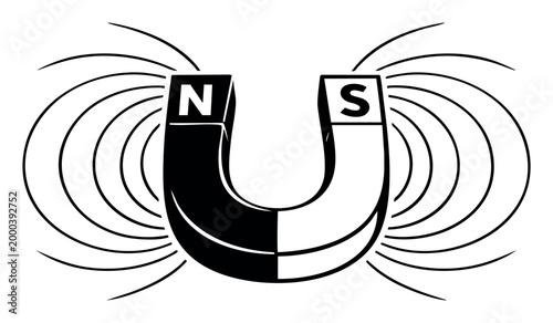 Horseshoe magnet black and white illustration with emanating magnetic field lines from North and South poles