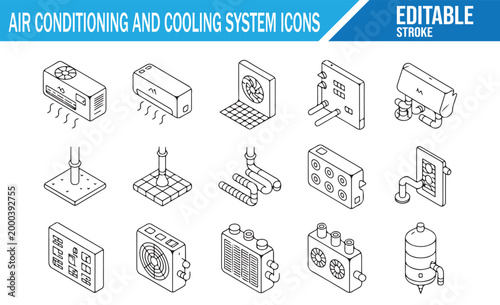 HVAC Mechanical Equipment Icon Sheet with Air Conditioning and Ventilation Line Art