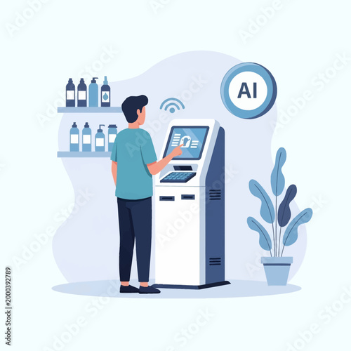 Vector illustration of a man interacting with an AI-powered automated healthcare or retail kiosk in a modern pharmacy setting with medicine bottles on shelves and a plant.