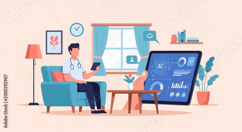 Flat vector illustration of a doctor sitting in a living room chair, monitoring patient health data and AI diagnostics on a digital screen displaying medical charts and analytics.