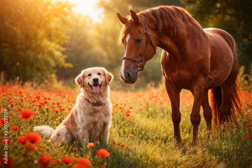 Cheerful brown dog and red ...