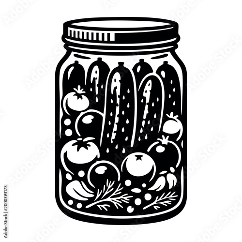 Jar filled with preserved cucumbers, tomatoes, garlic, and dill, representing homemade food, canning, and fermentation