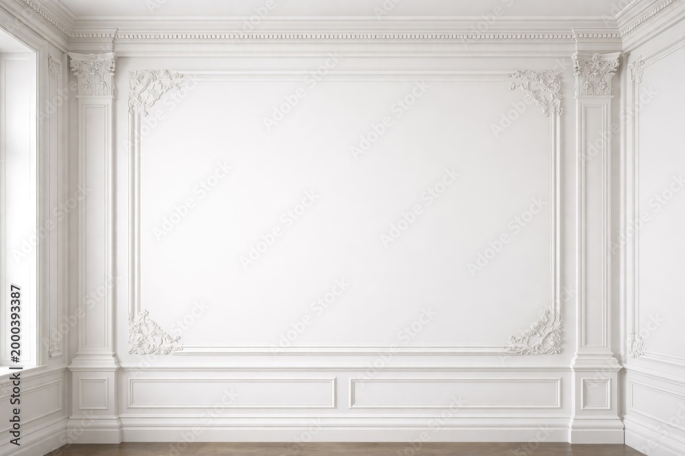 Fototapeta premium Decorative molding on smooth white interior wall providing extensive copy space