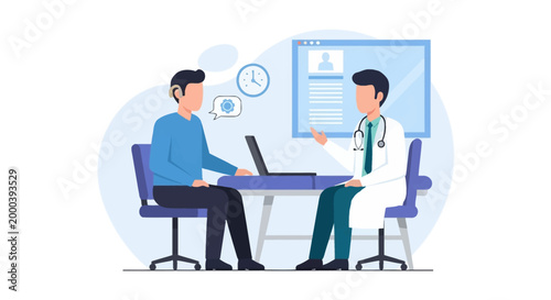 Flat vector illustration of a male patient wearing a hearing aid during a consultation with an audiologist or doctor in a medical office with a laptop and digital health records.