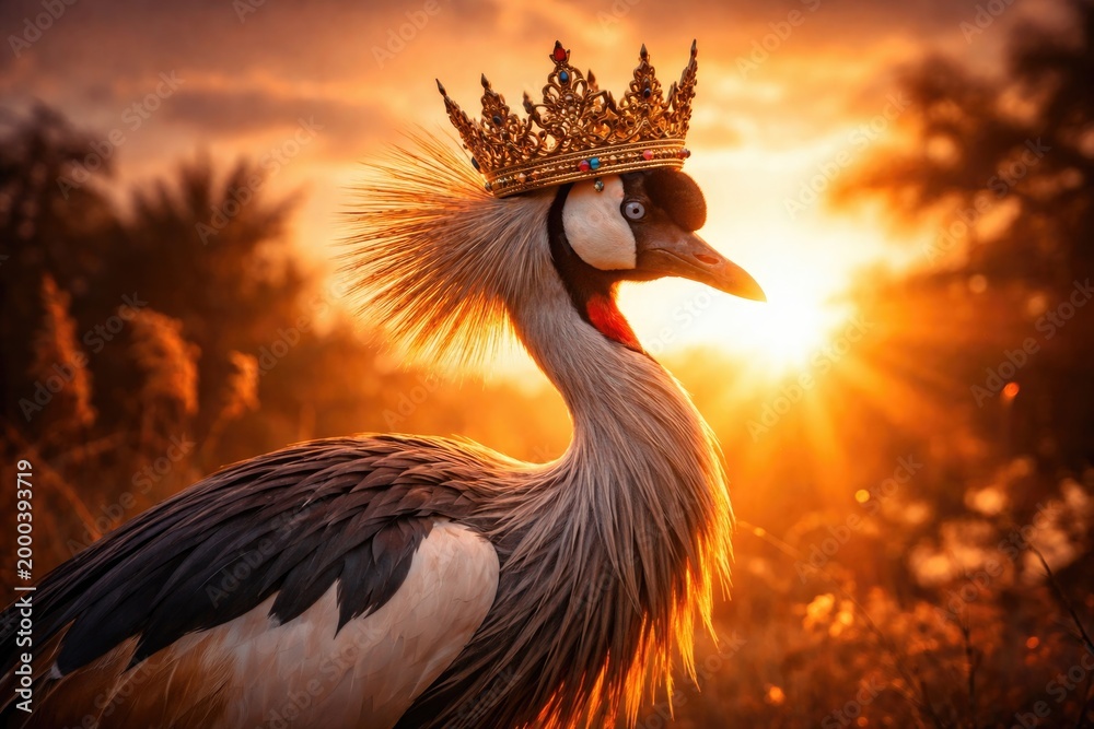 Fototapeta premium Impressive crowned crane with metallic golden crown in a radiant sunset atmosphere