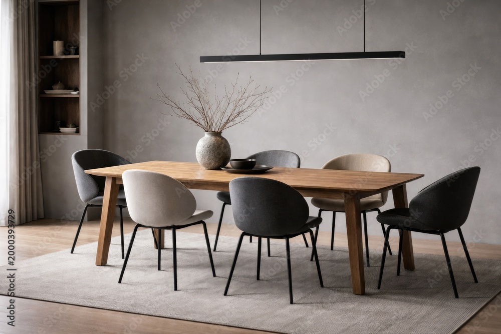 Fototapeta premium Contemporary dining room with minimalistic wooden table and designer chairs accented by a gray background wall