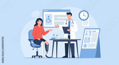 Medical vector illustration of a woman with a prosthetic lower limb leg sitting in a consultation room with a male doctor in a white coat holding a clipboard and medical charts.