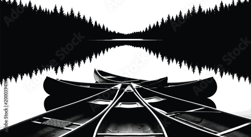 Serene canoe journey on still waters a black and white landscape