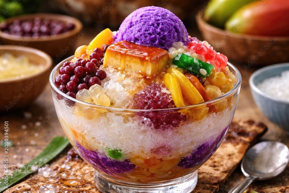 Fototapeta premium Chilled Filipino Halo Halo dessert topped with shaved ice and multiple sweets