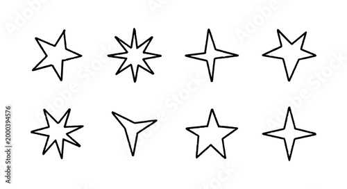 Hand Drawn Star Icons Set, Minimal Doodle Celestial Symbols and Sketch Outline Spark Shapes. Modern Abstract Vector Collection for Logo Design, Branding, Stickers, Posters and Creative Templates.
