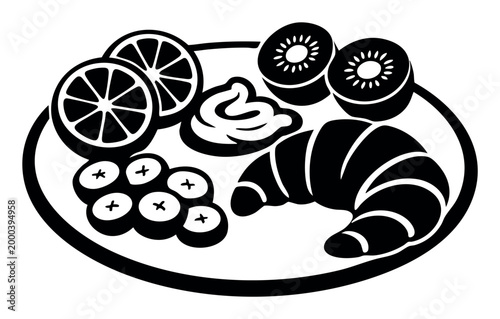 Breakfast meal on a plate, featuring a croissant with fruit and yogurt, portraying a balanced and delicious start to the day