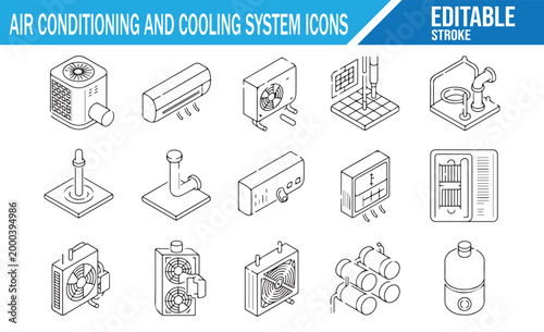 Cooling System Vector Icons Set with Compressor Condenser Duct and Thermostat Symbols