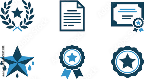 Set of achievement award badge and certificate icons isolated on transparent background
