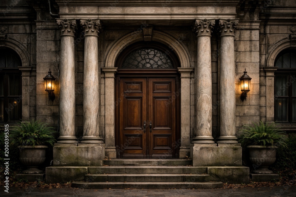 Fototapeta premium Old building facade featuring wooden door and dual marble pillars