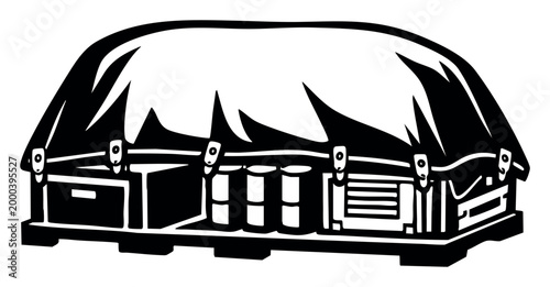 Industrial shipping crate with a protective tarp cover and internal cargo, resting on a pallet for transport and storage