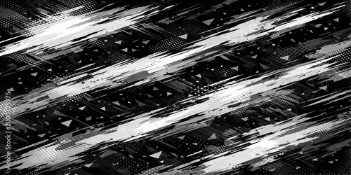 A dynamic composition featuring abstract patterns of light and shadow, evoking a sense of motion and energy, with an emphasis on geometric shapes and textures.