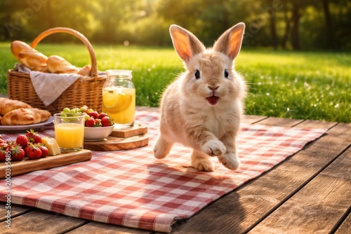 Cheerful rabbit hopping on ...