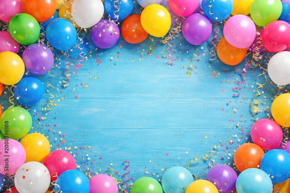 Obraz premium Cheerful balloon display on blue painted wood surface suitable for party backdrop and copy space