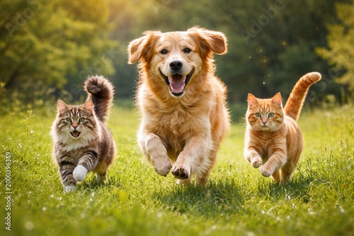 Cheerful dog and two cats d...