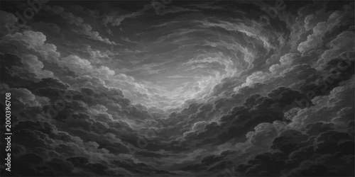 Swirling clouds in shades of grey, creating an immersive and dramatic sky-scape. A powerful and evocative illustration, stirring a sense of wonder and the vastness of the heavens.