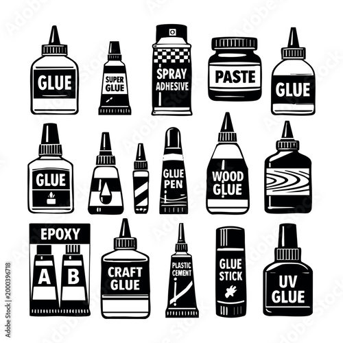 Collection of various glue bottles, tubes, sticks, and spray cans. Featuring wood glue, super glue, craft glue, epoxy, and UV glue