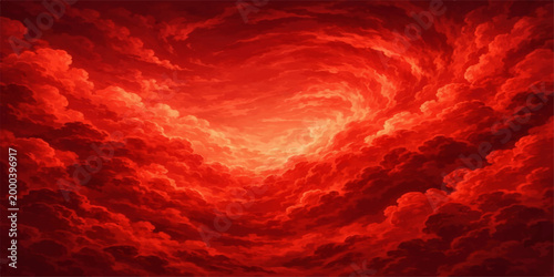 Vivid scarlet clouds swirling in an ethereal display, evoking a sense of mystery and cosmic grandeur. The dramatic light and shadow create a striking visual impact.