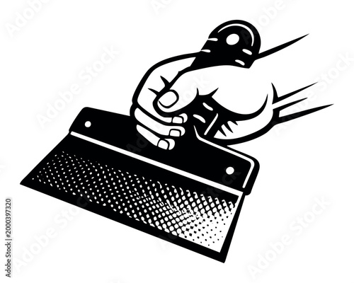 Hand holding a putty knife or scraper, symbolizing construction, DIY repair, and renovation work