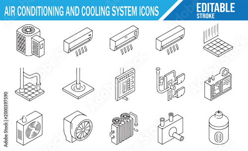 HVAC Cooling System Outline Icons with Air Conditioner Compressor and Duct Symbols