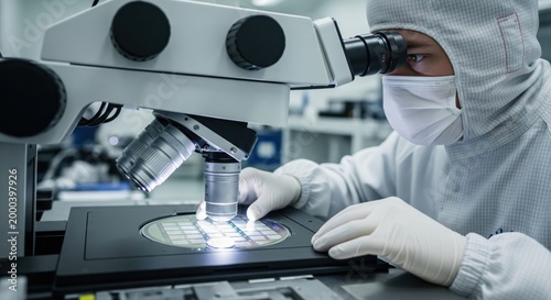 Wafer surface inspection under microscope shows microelectronics quality control, semiconductor defect detection, clean manufacturing verification and precision process control.