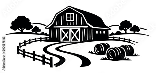 Barn with a winding road leading past hay bales, surrounded by trees and hills, illustrating farming and village life