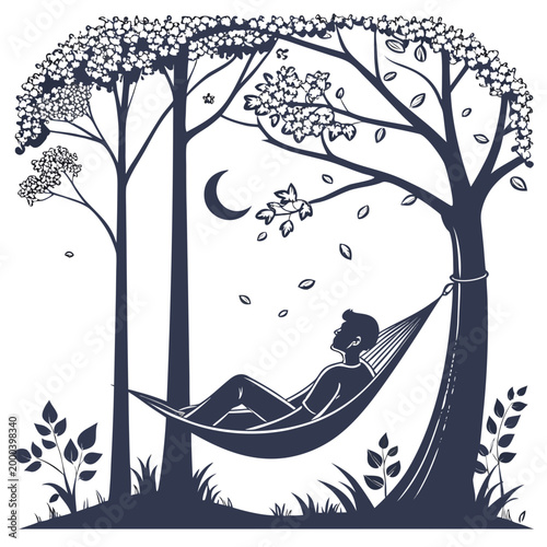 Relaxing vector illustration, hammock in nature, peaceful scenery, serene landscape