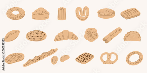 Pastry, buns icon vector set. Bakery or shop symbol, logo of pastry illustrations in line art. Flat design for breakfast, cafe.