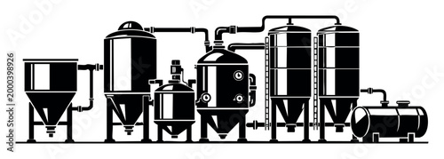 Industrial facility with multiple large tanks, vats, and interconnected piping, showing manufacturing, brewing, and processing