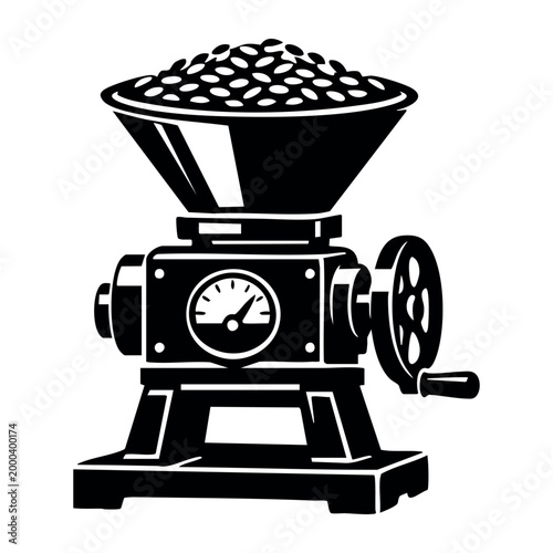 Manual coffee grinder with a hopper full of beans, representing traditional methods and fresh preparation of hot beverages