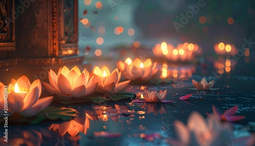 Spiritual still life of pink lotus and candles reflecting on water for Waisak Vesak celebration
