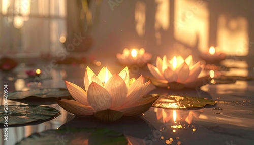 Beautiful Waisak Vesak background with lotus flowers and burning candles in warm ambient light