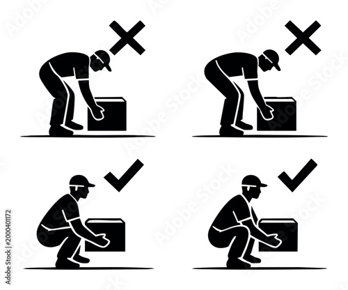 Man demonstrating right and wrong ergonomic lifting techniques with a box, illustrating safe and unsafe posture