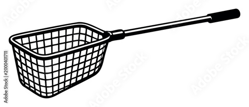 Utensil for food preparation, featuring a long handle and a rectangular basket net, used for scooping or draining