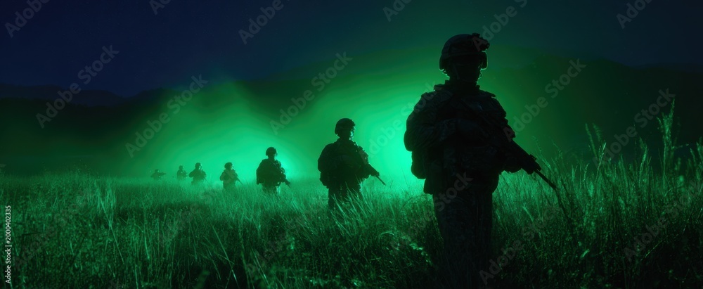 Fototapeta premium The military unit faces tense shadows and adrenaline in a low-light combat simulation at night