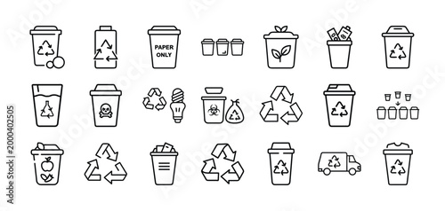 Recycling line icons set, waste management symbols for garbage sorting and ecology, sustainable environment vector collection for web design
