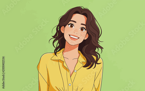Cheerful young woman with wavy brown hair in yellow shirt