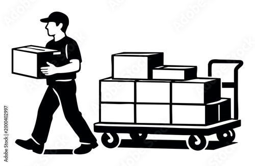 Delivery man carrying a package while a hand truck loaded with boxes represents efficient moving and supply chain services