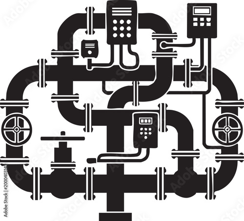 Industrial pipeline system with valves and digital monitors, pipeline