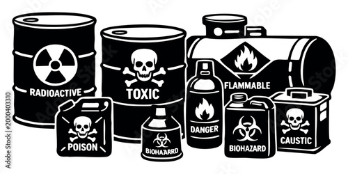 Hazardous waste containers and barrels showing warning symbols for toxic, poison, radioactive, flammable, biohazard, danger, and caustic contents