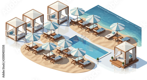 Isometric vector art showcases a serene beach event design, complete with beach villas, coral accents, and sunbeds arranged on the sand, conveying a relaxing world travel mood